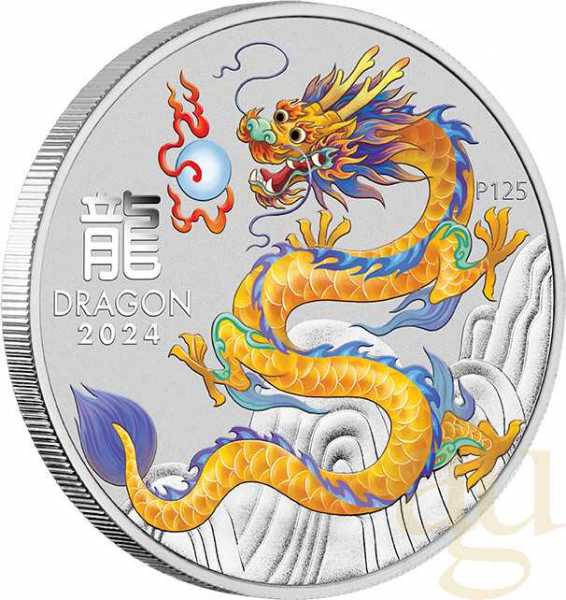 1/2 Unze Silbermünze Australien Lunar III Drache 2024 - gelb coloriert