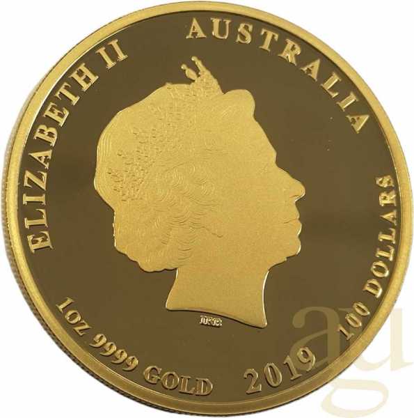 1 Unze Goldmünze Australien Lunar II Schwein 2019 coloriert - polierte Platte