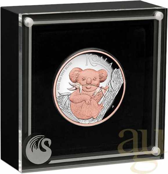 5 Unzen Silbermünze Australien Koala 2026 - High Relief - polierte Platte - rosè vergoldet