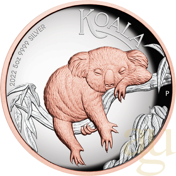 5 Unzen Silbermünze Australien Koala 2022 - High Relief - polierte Platte - rosè vergoldet