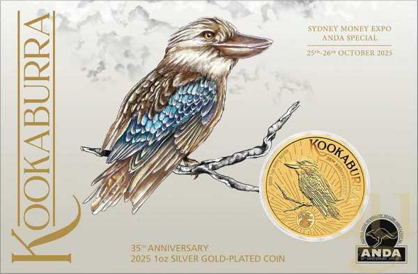 1 Unze Silbermünze Australien Kookaburra 2025 ANDA Special - teilvergoldet