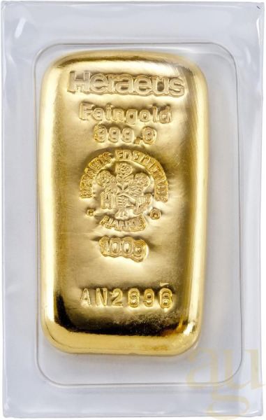 100 Gramm Goldbarren Heraeus Gussbarren