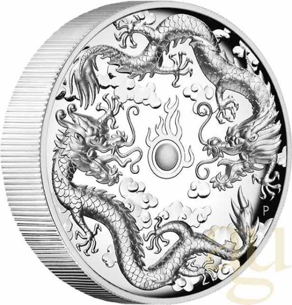 2 Unzen Silbermünze Australien Drache & Drache 2019 - High Relief - polierte Platte