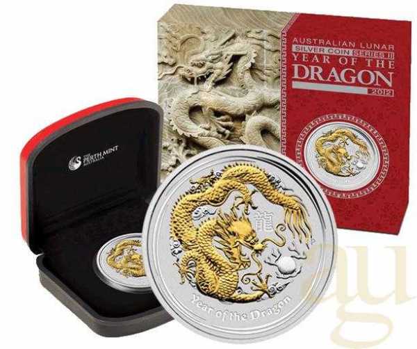 1 Unze Silbermünze Australien Lunar II Drache 2012 teilvergoldet + Box + Zertifikat