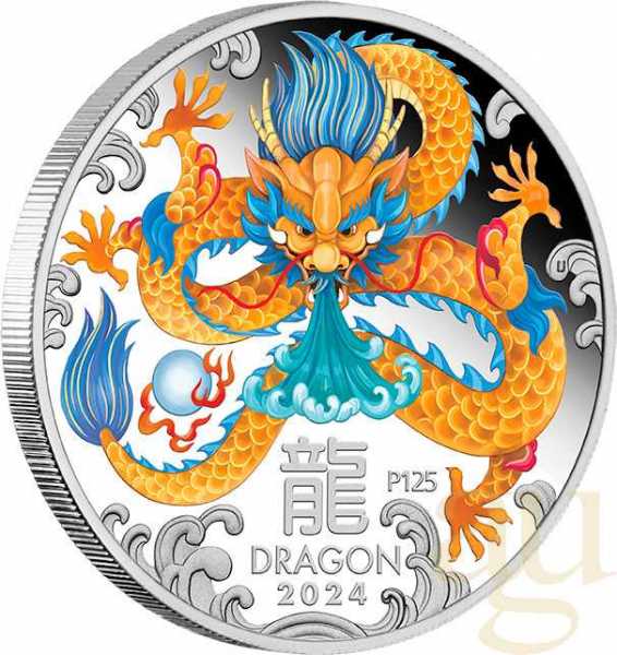 1 Unze Silbermünze Australien Lunar III Drache 2024 - polierte platte - coloriert