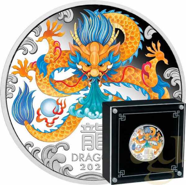 1 Unze Silbermünze Australien Lunar III Drache 2024 - polierte platte - coloriert