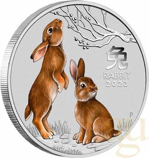 5 Unzen Silbermünze Australien Lunar III Hase 2023 - coloriert