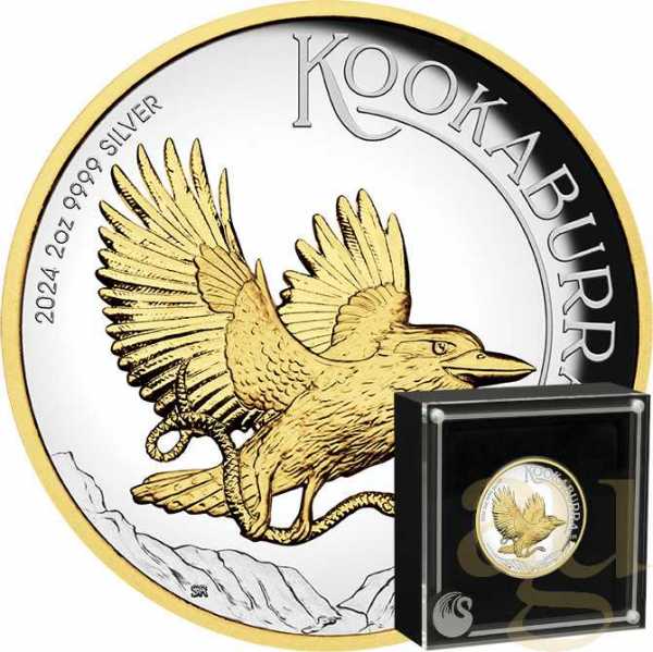 2 Unzen Silbermünze Australien Kookaburra 2024 teilvergoldet - polierte Platte - High Relief