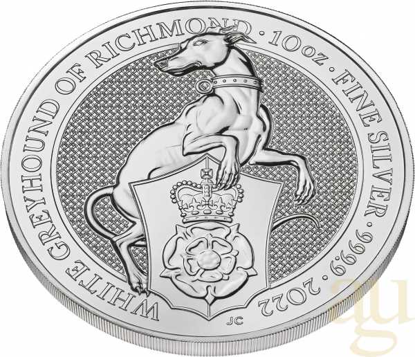 10 Unzen Silbermünze Queens Beasts White Greyhound 2022