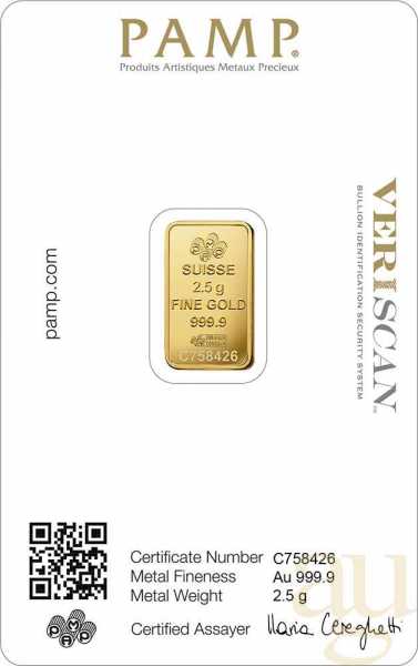 2,5 Gramm Goldbarren PAMP Fortuna