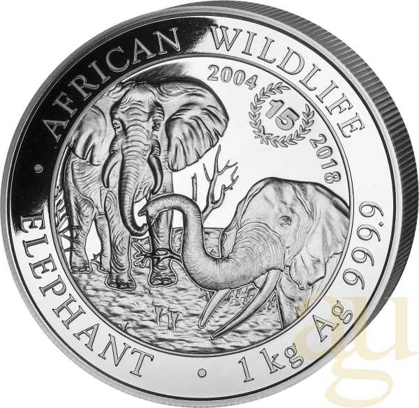 1 Kilogramm Silbermünze Somalia Elefant 2018 - 15 Jahre Jubiläum