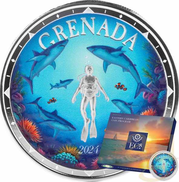 1 Unze Silbermünze EC8 Grenada - Shark Diver 2024 - coloriert