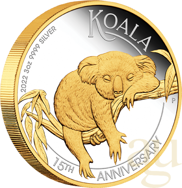 3 Unzen Silbermünze Australien Koala 2022 - 15 Jahre Jubiläum - polierte Platte teilvergoldet
