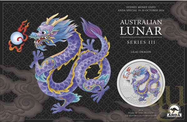 1 Unze Silbermünze Australien Lunar III Drache 2024 ANDA Special lila coloriert - Coincard