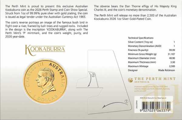 1 Unze Silbermünze Australien Kookaburra 2026 - teilvergoldet