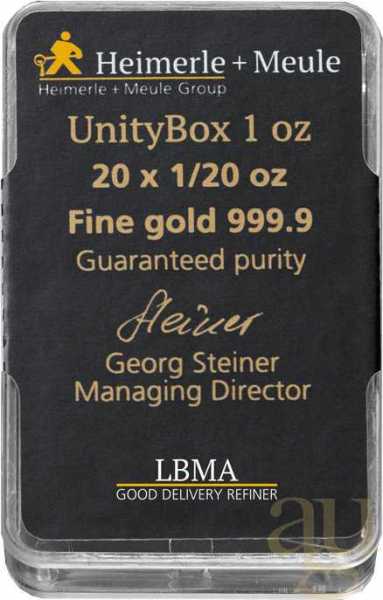 20 x 1/20 Unze Goldbarren Heimerle + Meule Unity Box