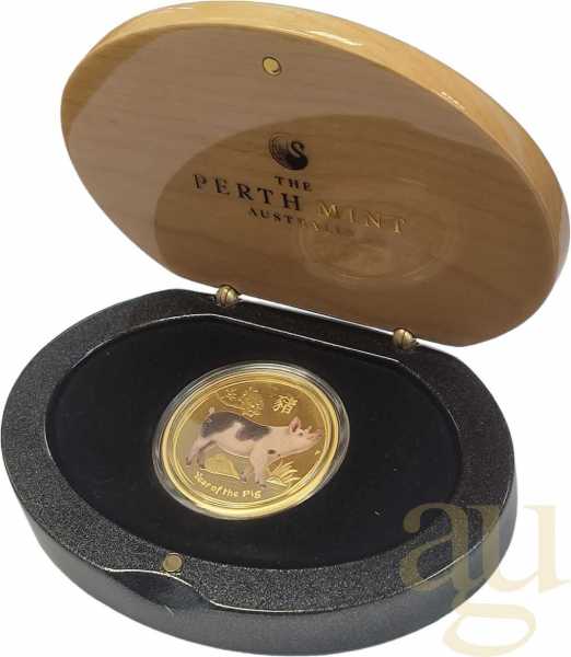 1 Unze Goldmünze Australien Lunar II Schwein 2019 coloriert - polierte Platte