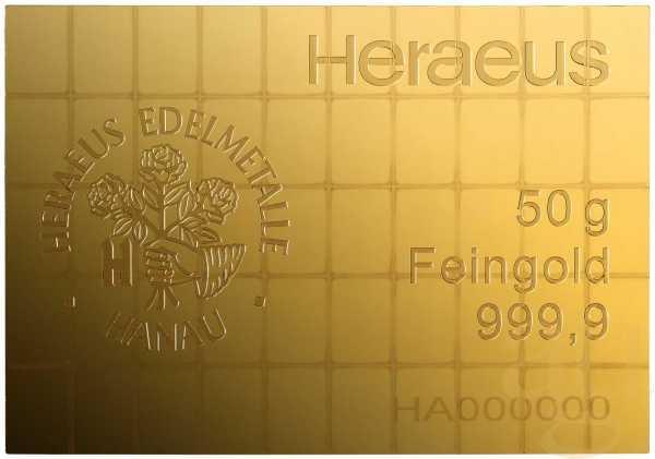 50 x 1g Gold Heraeus Combibarren / Goldtafel / Tafelbarren