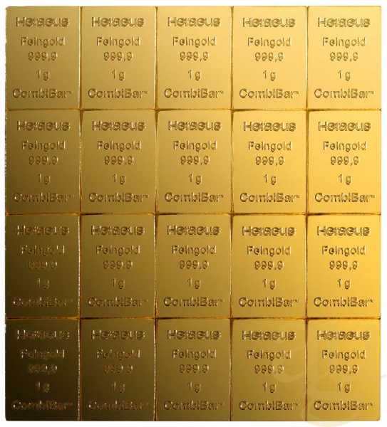 20 x 1g Gold Heraeus Combibarren / Goldtafel / Tafelbarren