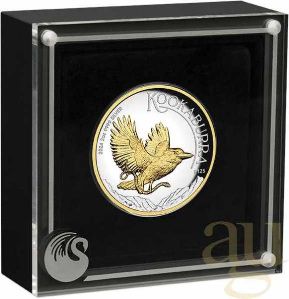 2 Unzen Silbermünze Australien Kookaburra 2024 teilvergoldet - polierte Platte - High Relief
