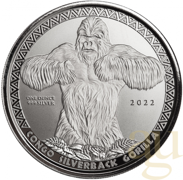 1 Unze Silbermünze Afrika Kongo Silberrücken Gorilla 2022