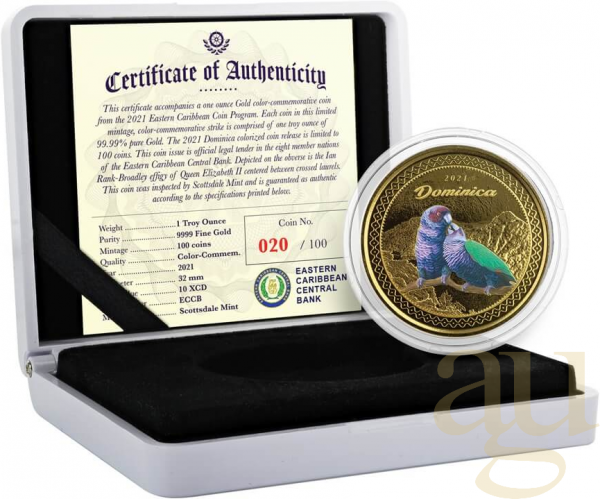 1 Unze Goldmünze EC8 Dominica - Parrots 2021 - coloriert